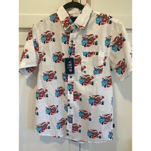 VSTR Mens Skeleton Santa Christmas Button Down Shirt White holdiay Small NWT